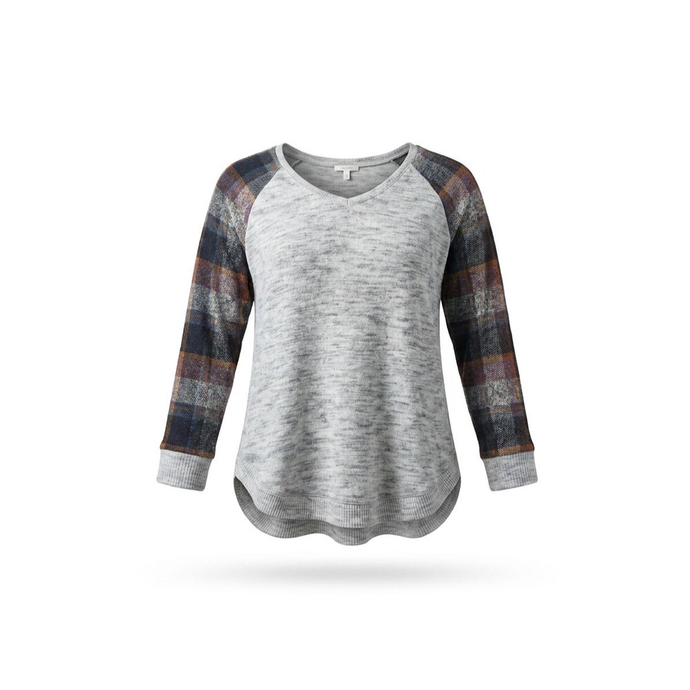 Maurices Gray Knit Plaid Sleeve Raglan Pullover Top Size 0